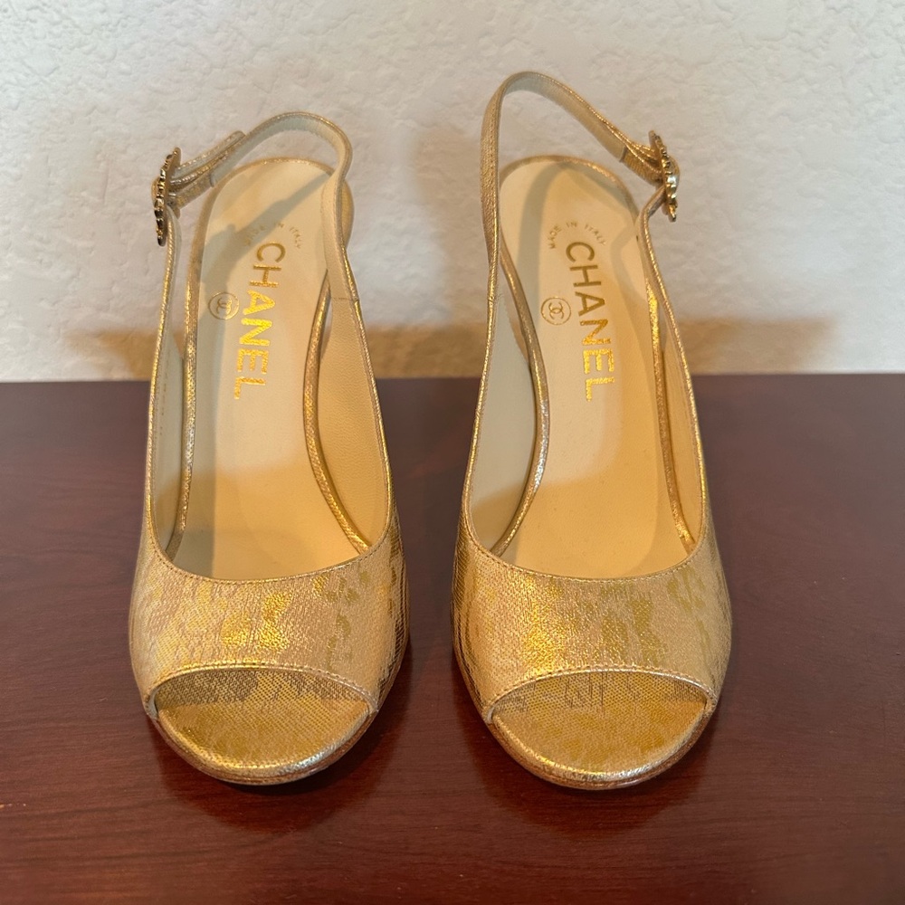 CHANEL Gold Peep-Toe Heels